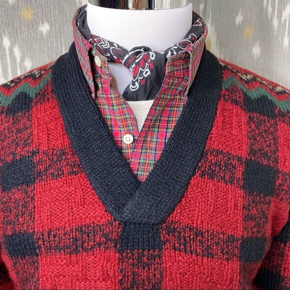 Polo Ralph Lauren Vintage Hand Knit Red & Black Multi Wool V-Neck L/S Sweater - Picture 1 of 16